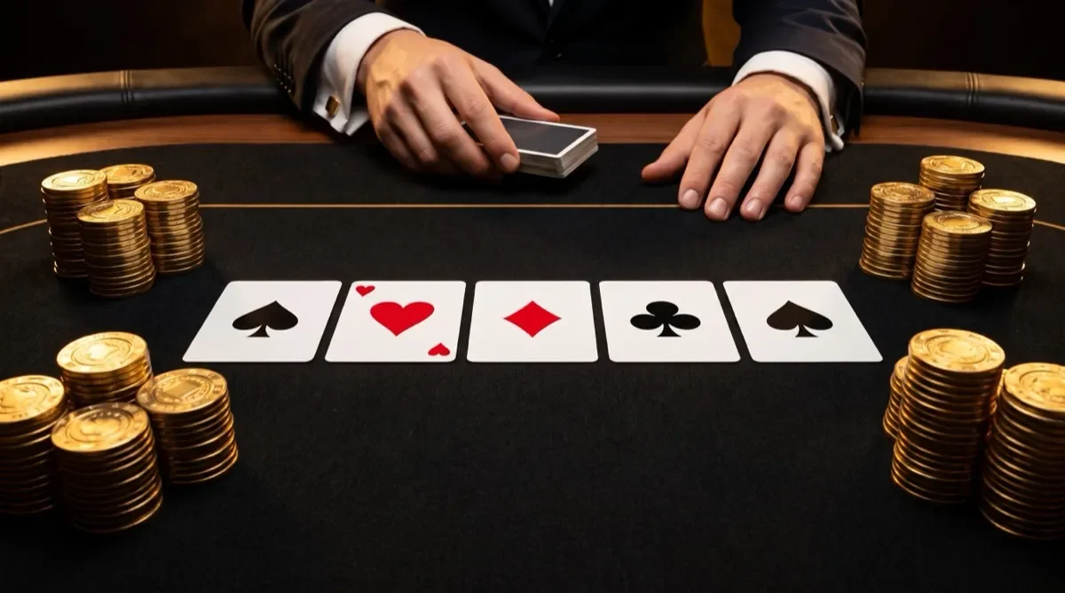 Bàn poker trực tuyến với bài chia trên mặt bàn