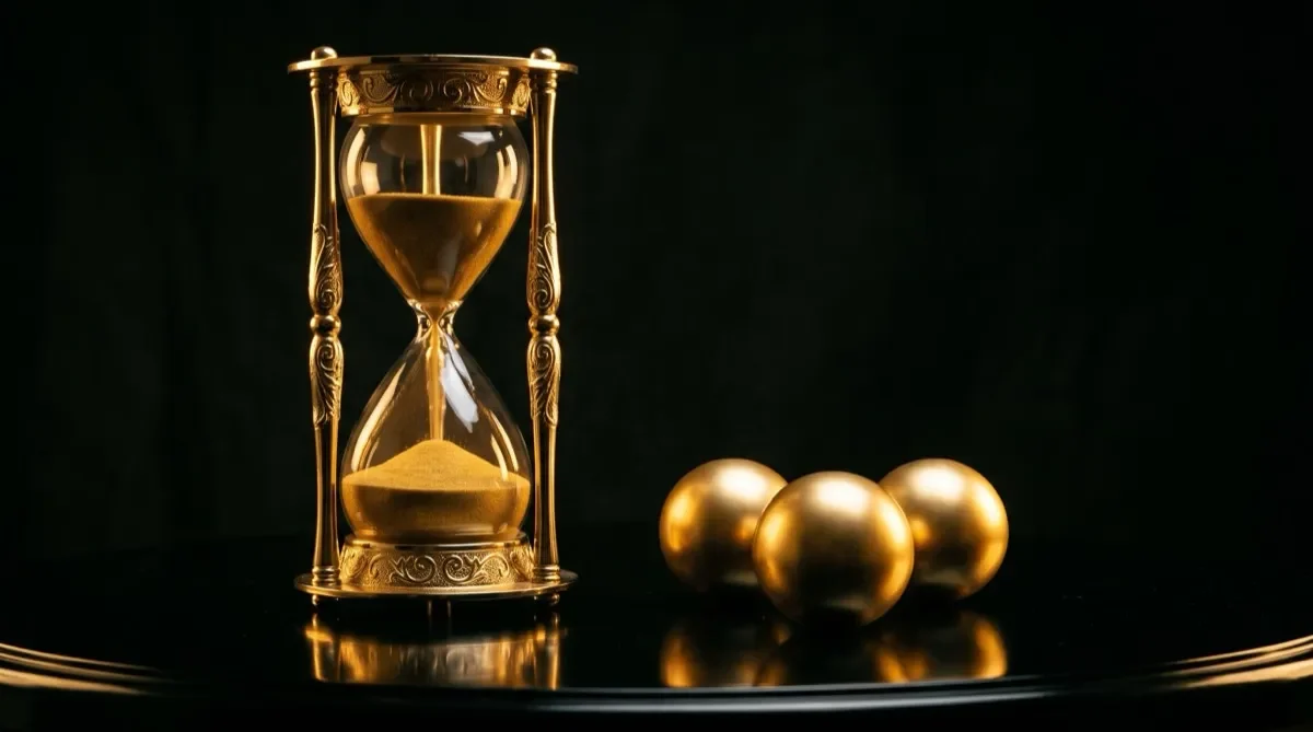 Đồng hồ cát cạnh ba quả bóng số tượng trưng cho thời gian chờ trúng ba càng